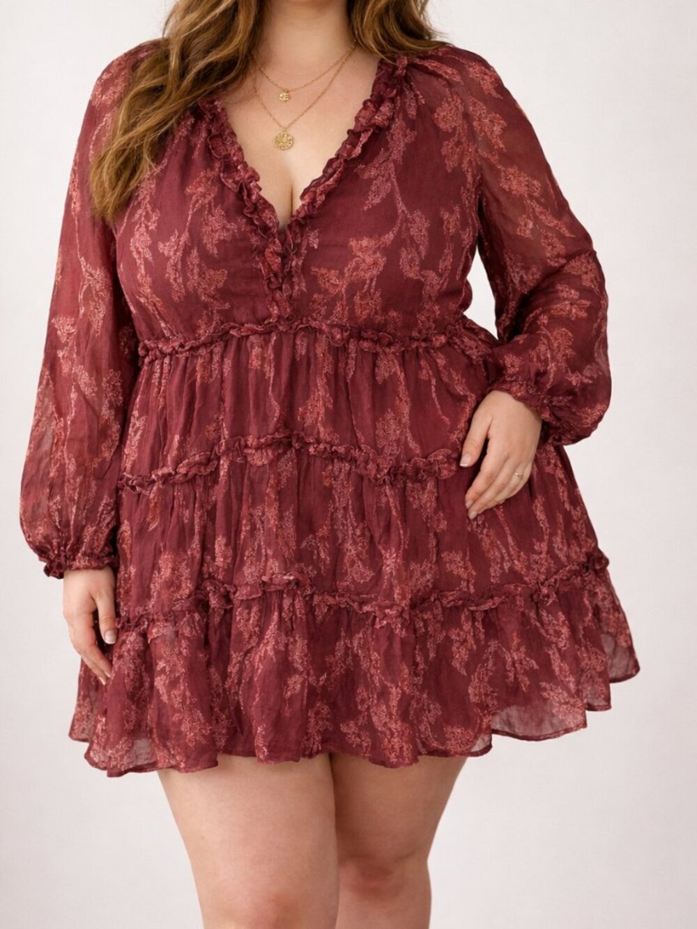 Anthropologie Burgundy Printed Ruffle Tiered Mini Dress
